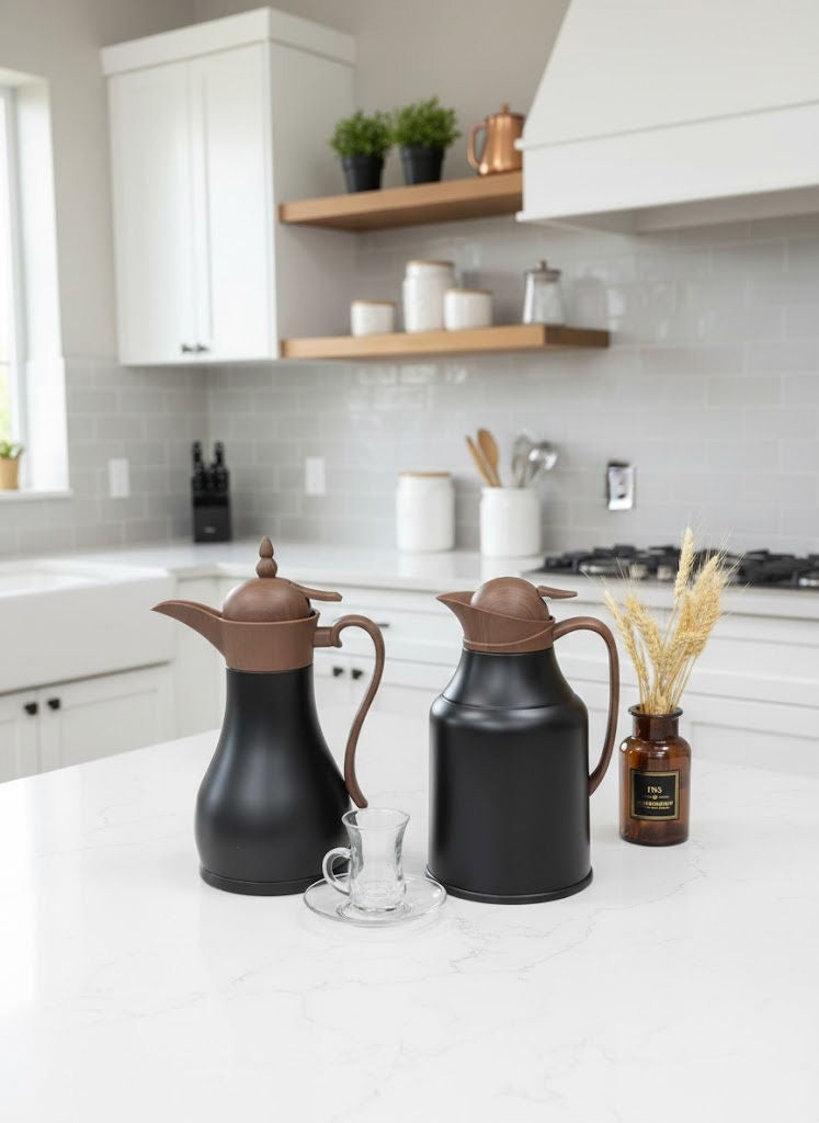 REEM 2-Piece Tea/Coffee Flask Set Black/DarkWood Grain 0.7 Liter & 1.0 Liter - Image 1